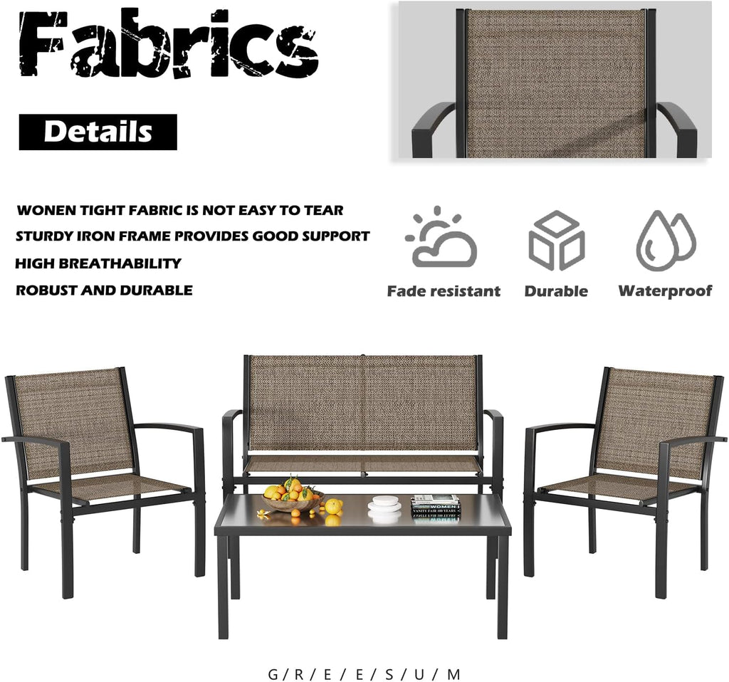 Greesum GS-LCT4PCSBN 4 Pieces Patio Furniture Set Outdoor Conversation Textilene Fabric Chairs for Lawn, Garden, Balcony, Poolside with A Glass Coffee Table, Brown