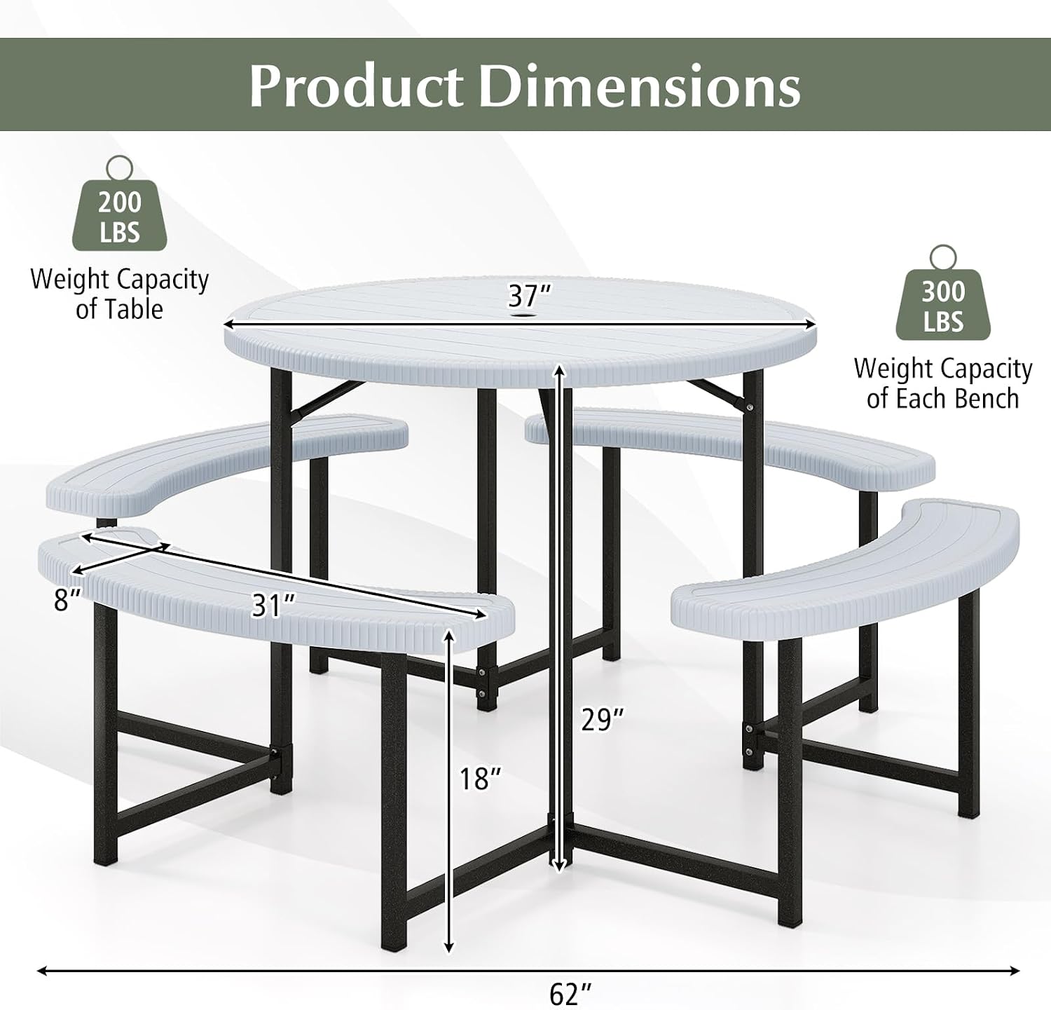 Giantex Picnic Table Bench Set for 4-8 Person, Round 37' Outdoor Dining Table w/Umbrella Hole, HDPE Tabletop, Metal Frame, Patio Furniture Set for Backyard Porch Lawn, 1400lb Capacity (Gray,Round)