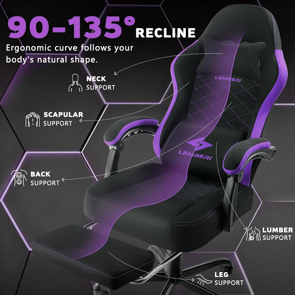 LEMBERI Gaming Chair, Fabric Big and Tall Video Game Chairs with Footrest, Massage Lumbar Support, Racing Style Ergonomic Computer Gamer Chair with Adjustable Headrest (Purple)