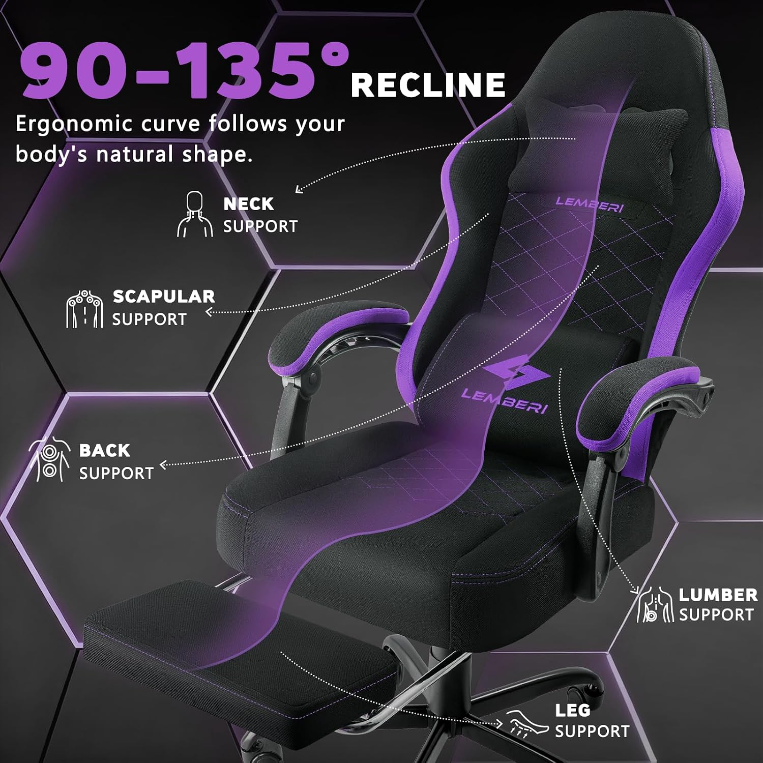 LEMBERI Gaming Chair, Fabric Big and Tall Video Game Chairs with Footrest, Massage Lumbar Support, Racing Style Ergonomic Computer Gamer Chair with Adjustable Headrest (Purple)