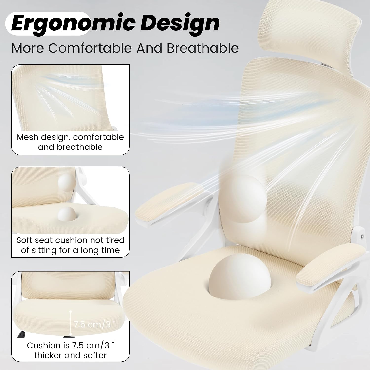 Fizzin Ergonomic Office Chair, 400 LBS Computer Chairs with Adjustable Lumbar Support, Breathable Mesh Desk Chair Ergonomic with Thickened Cushion, Comfy Home Office Desk Chair (Buff Beige)