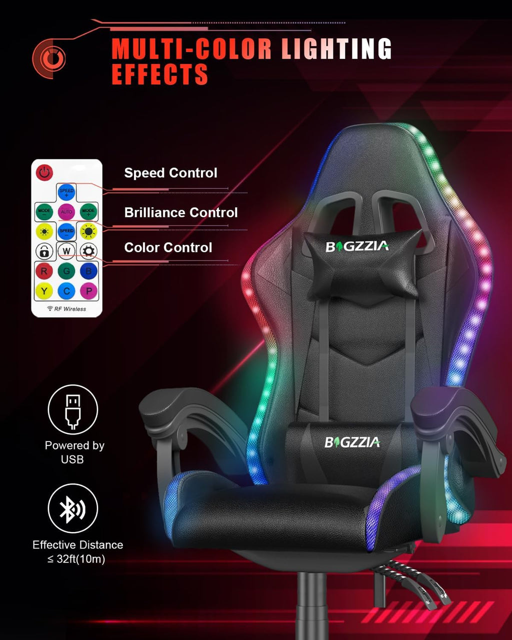 Bigzzia Gaming Chair with RGB LED Lights for Kids & Adults, High Back Ergonomic Computer Gamer Chair with Headrest and Lumbar Support, Racing Style Reclining Game Chair(Black)