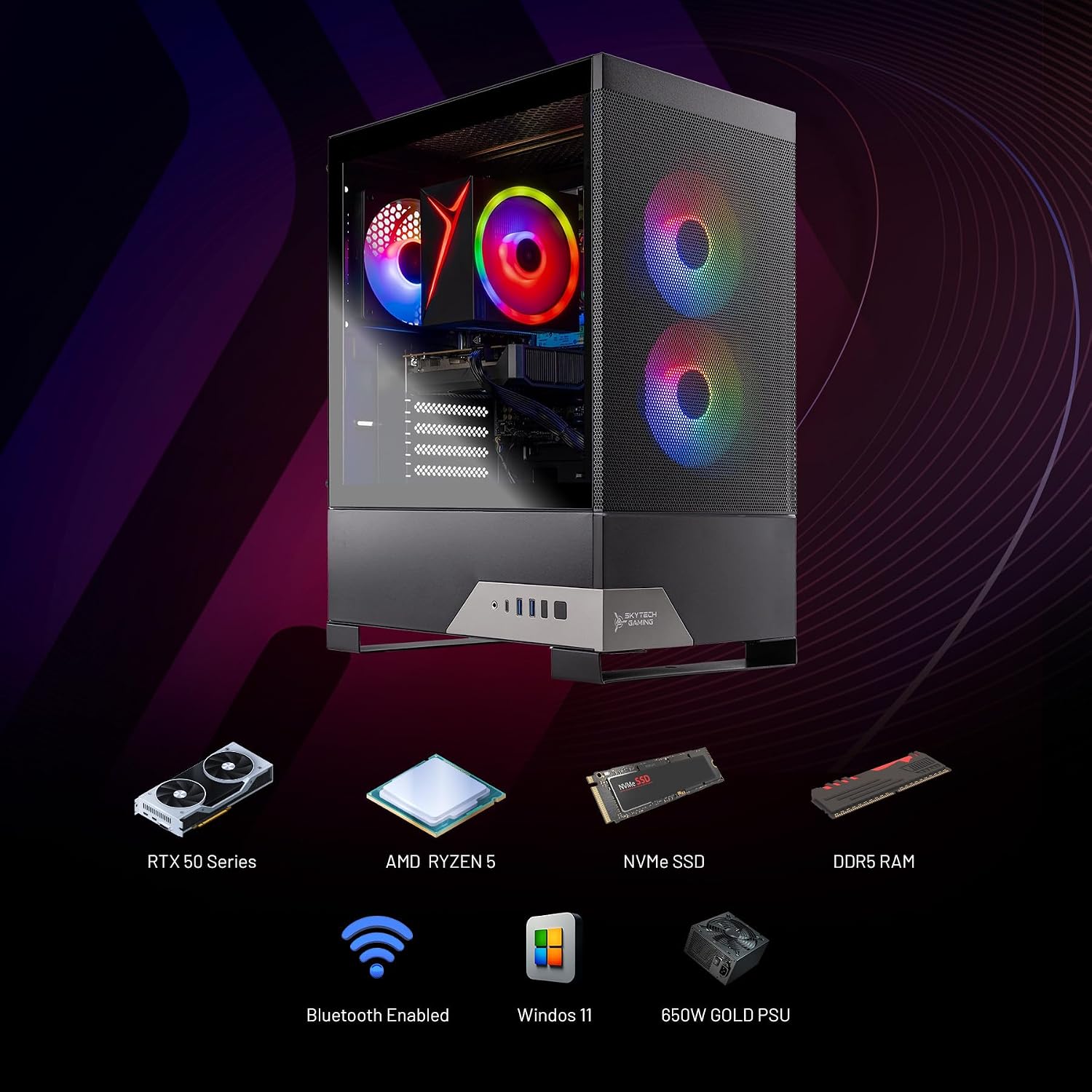 Skytech Gaming Nebula 2 Gaming PC, AMD Ryzen 5 5500 3.6GHz, NVIDIA RTX 5060, 1TB NVMe SSD, 16GB DDR4 RAM 3200, 650W Gold PSU, Wi-Fi, Win 11, Gaming Desktop