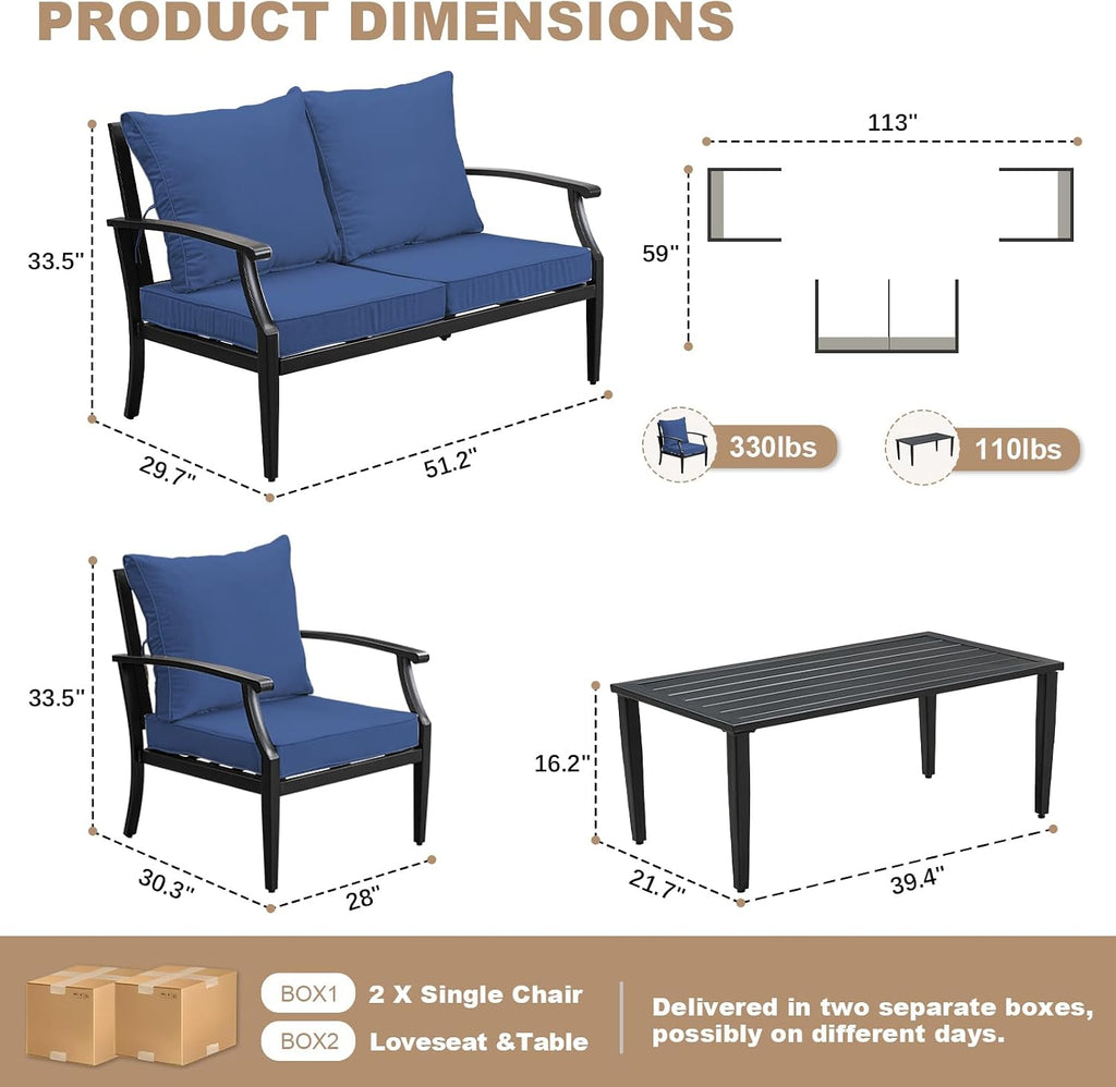 4-Piece Patio Furniture Set, Wider Outdoor Metal Seating Sofa with High Back & Loveseat, Coffee Table, All Weather Metal Conversation Set for Backyard, Poolside, Deck-Navy