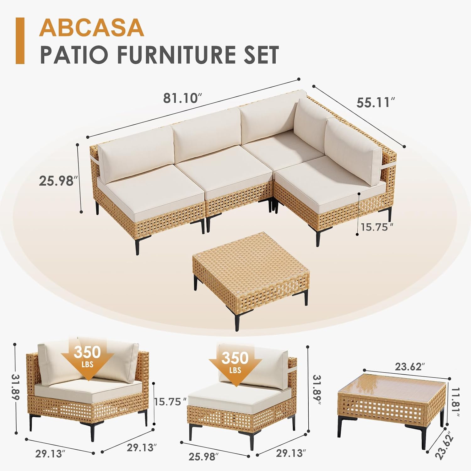 ABCASA Patio Furniture Set, 5-Piece Wicker Outdoor Patio Furniture Sets with Anti-Slip Cushions & Coffee Table,Boho Patio Conversation Set Sectional Sofa for Backyard,Porch,Beige