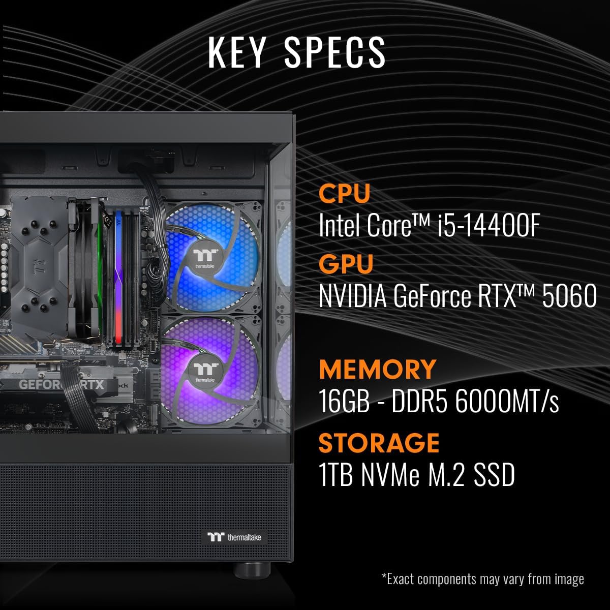 Thermaltake LCGS View i1460-170 Gaming Desktop (Intel Core™ i5-14400F, ToughRam 16GB DDR5 6000MT/s RGB Memory, NVIDIA GeForce® RTX 5060, 1TB NVMe M.2, WiFi, Windows 11) V17B-B760-560-LCS