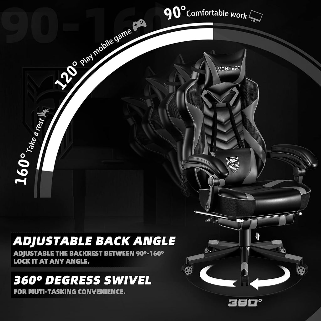 Vonesse Gaming Chair, Big and Tall Gaming Chair with Footrest and Massage, Gaming Chairs for Adults with Lumbar Support, Ergonomic High Back Computer Chair with Pocket Spring Cushion (Grey/Black)