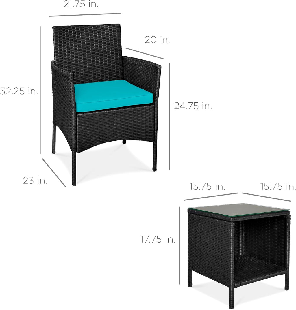 Best Choice Products 3-Piece Outdoor Wicker Conversation Bistro Set, Space Saving Patio Furniture for Garden w/Side Table - Black/Teal