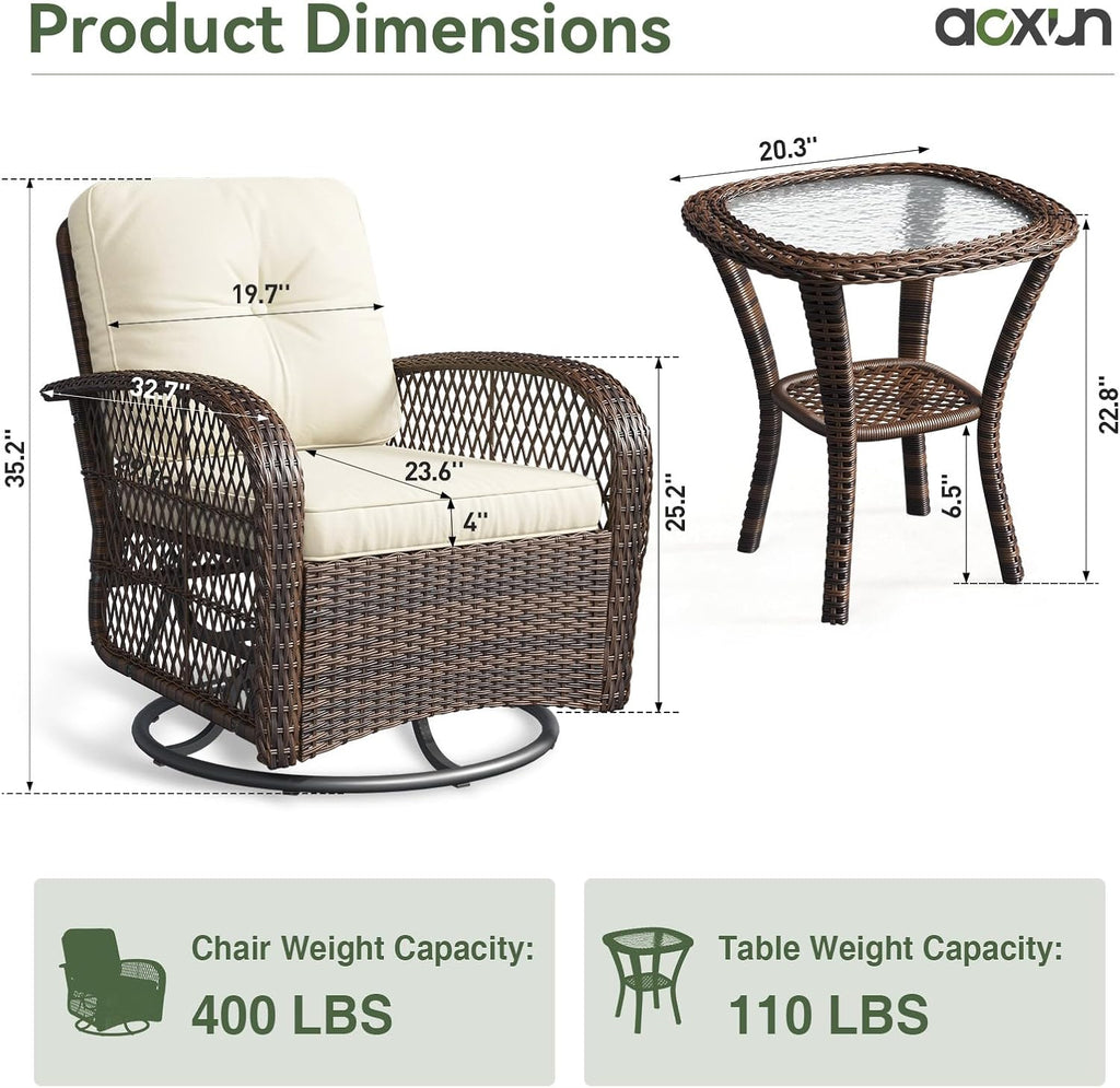 Aoxun 3 Pieces Patio Furniture Set, Patio Swivel Rocker Chairs Set of 2, Wicker Outdoor Bistro Set with Rocking Chair, Thickened Cushions and Table for Porch (Beige)