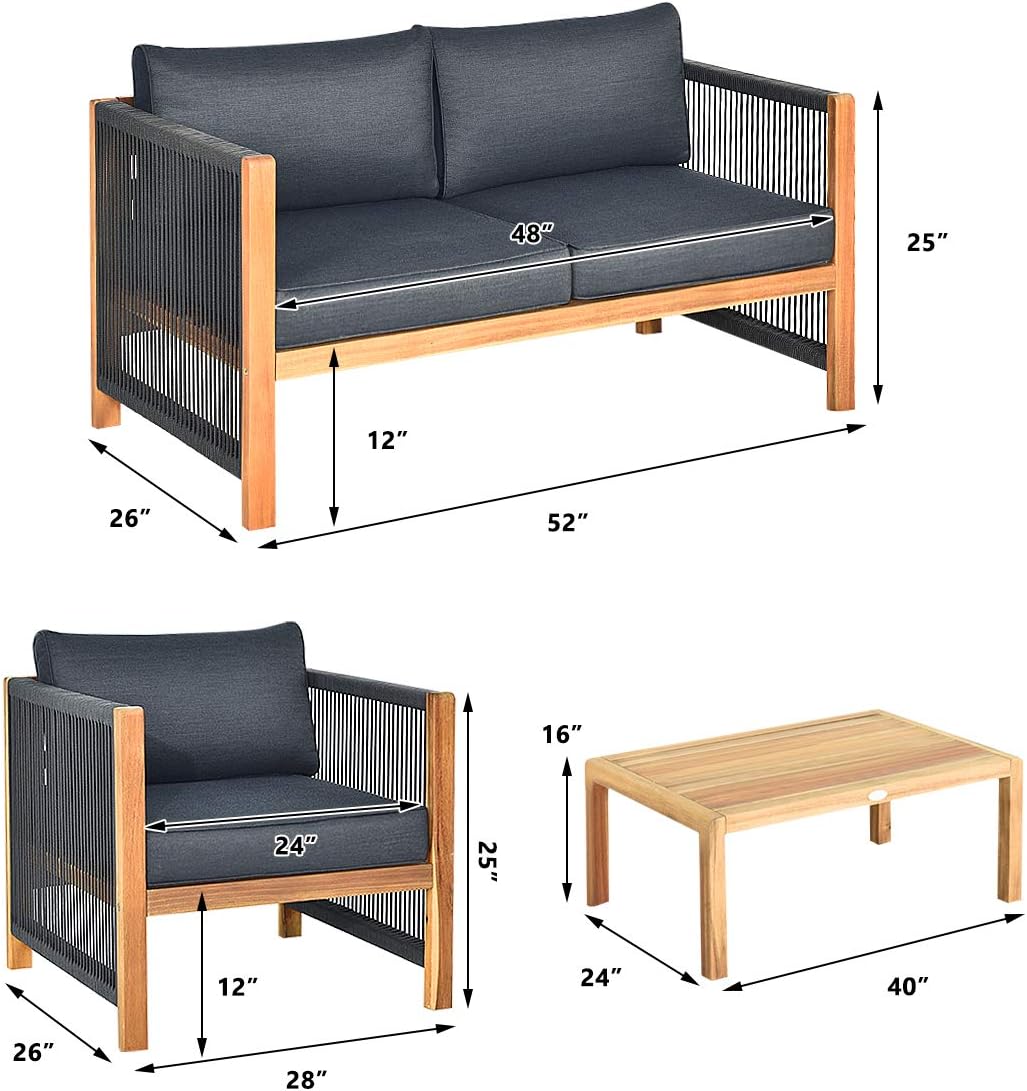 Tangkula Outdoor Wood Furniture Set, Acacia Frame Loveseat Sofa, 2 Single Chairs and Coffee Table, 4 Pieces Conversation Set with Cushions, Garden Balcony Poolside Living (1, Grey)