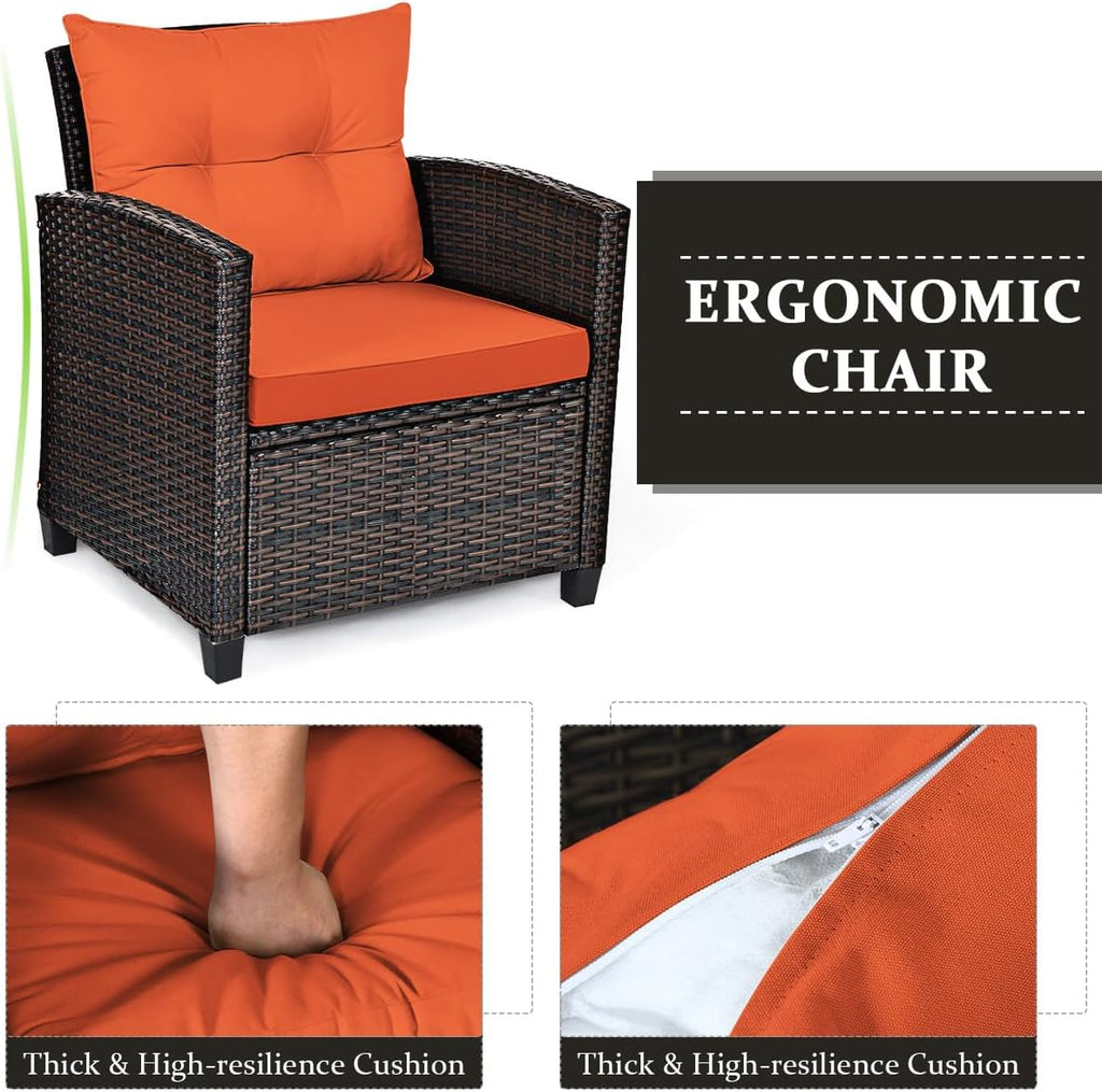 RELAX4LIFE 3 Piece Patio Furniture Set, Wicker Bistro Conversation Set w/2 Cushioned Armchairs & Glass Topped Table, Outdoor Rattan Sofa Set Patio Furniture for Porch Balcony Poolside (Orange)