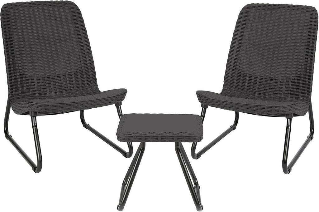 Keter Rio 3 Piece Resin Wicker Patio Furniture Set with Side Table and Outdoor Chairs for Front Porch and Backyard Decor, Dark Grey