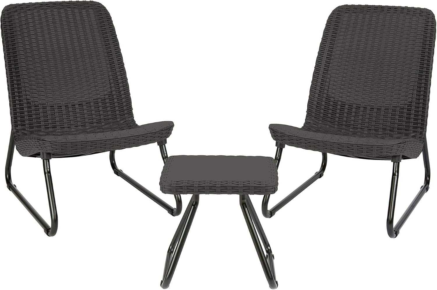 Keter Rio 3 Piece Resin Wicker Patio Furniture Set with Side Table and Outdoor Chairs for Front Porch and Backyard Decor, Dark Grey