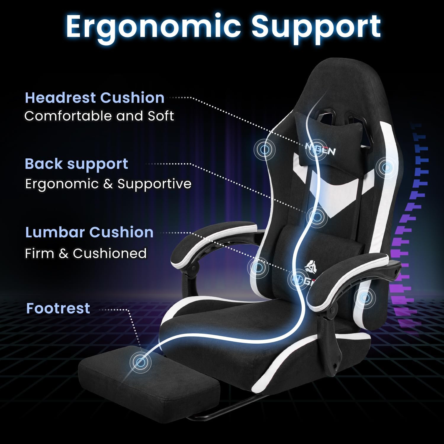 N-GEN GAMING Video Gaming Chair Office Computer Desk Use Ergonomic Reclining Backrest Adjustable Armrests Lumbar Support Footrest High Density Foam Breathable Fabric Heavy Duty Base (Black)