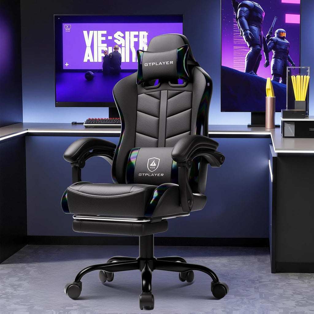 GTPLAYER Gaming Chair with Footrest, Computer Gaming Chair for Adults and Kids, Height Adjustable Gamer Chair with 90-155° Recline & Removable Headrest Lumbar Support,Colorful Black