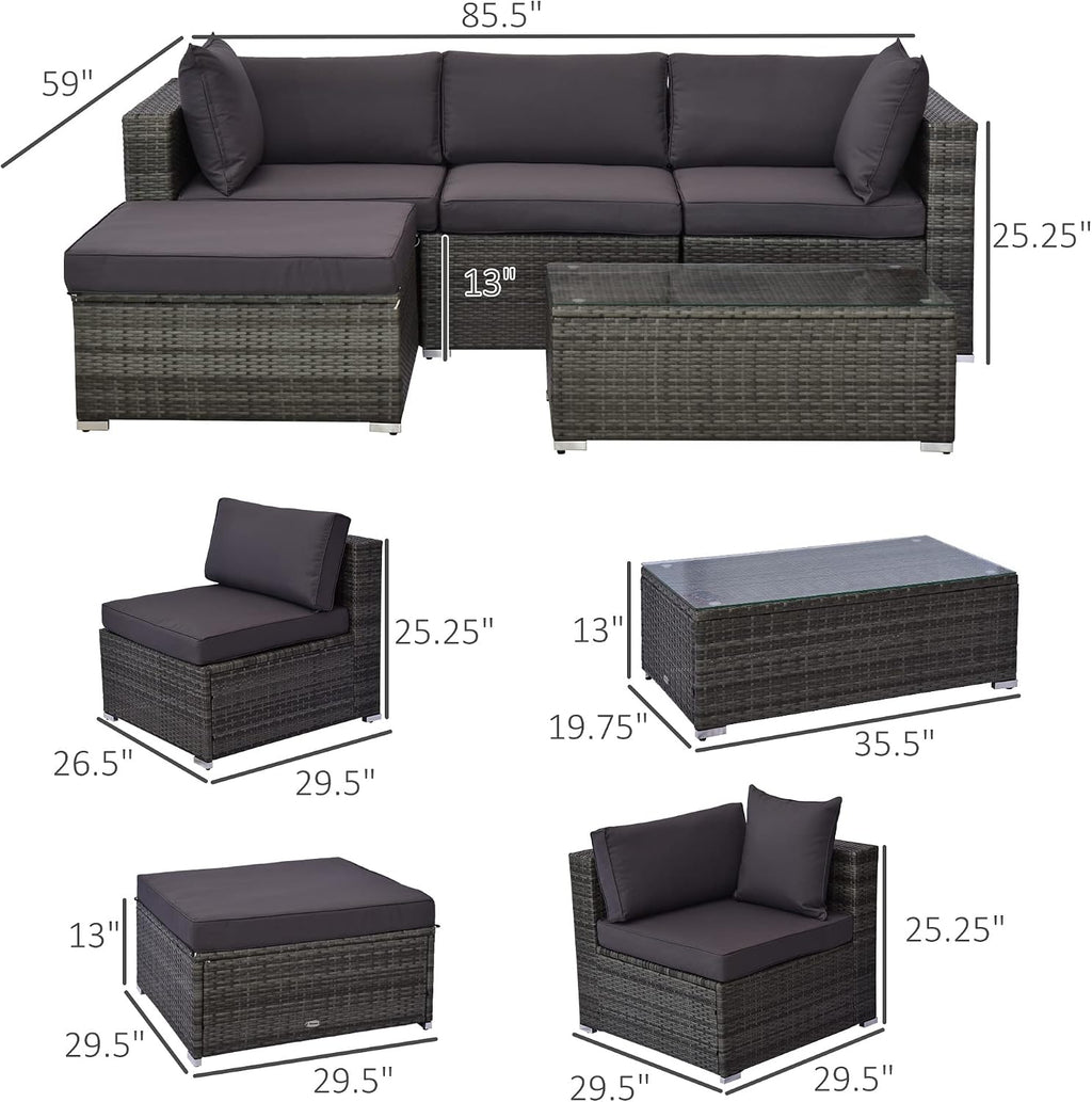 Outsunny 5-Piece Patio Furniture Set with Cushions, Outdoor PE Rattan Wicker Sofa Set, Sectional Furniture with Pillows, Glass Coffee Table for Garden, Backyard, Mixed Gray/Gray