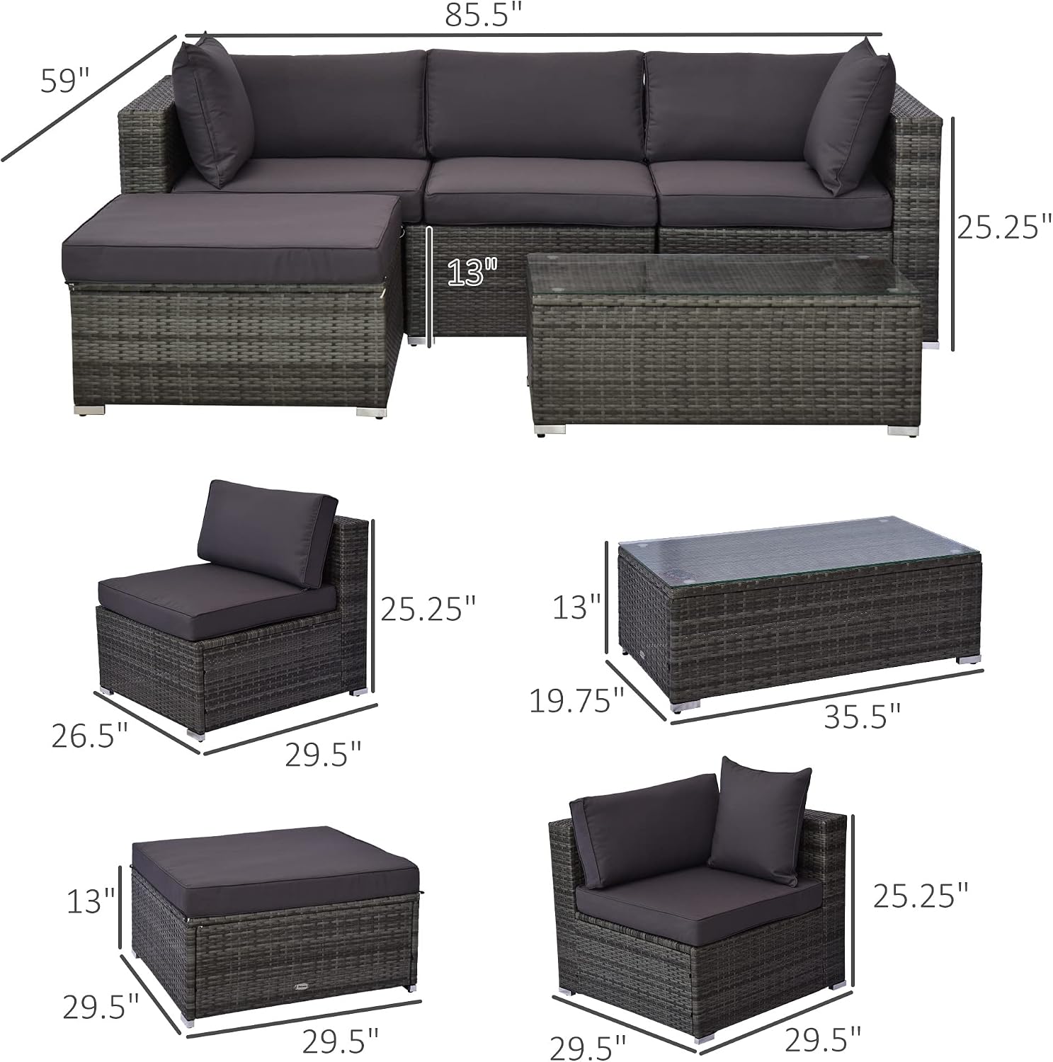 Outsunny 5-Piece Patio Furniture Set with Cushions, Outdoor PE Rattan Wicker Sofa Set, Sectional Furniture with Pillows, Glass Coffee Table for Garden, Backyard, Mixed Gray/Gray