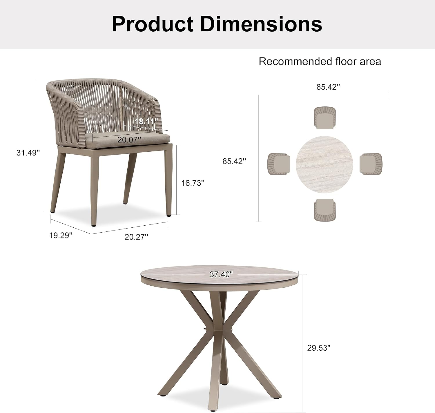 PURPLE LEAF 5 Pieces Patio Round Dining Set Aluminum Frame and Wicker Rattan Round Table and Arm Chairs with Cushions for Garden Porch Kitchen Modern Outdoor Champagne