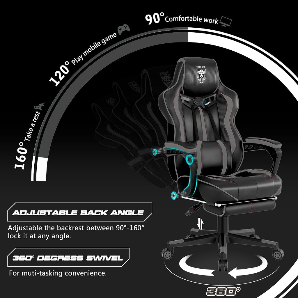 Vonesse Gaming Chair for Adults, Reclining Gaming Chairs with Footrest and Massage, Computer Gaming Chair for Heavy People,Ergonomic Gamer Chair Big and Tall (Black/Gray)