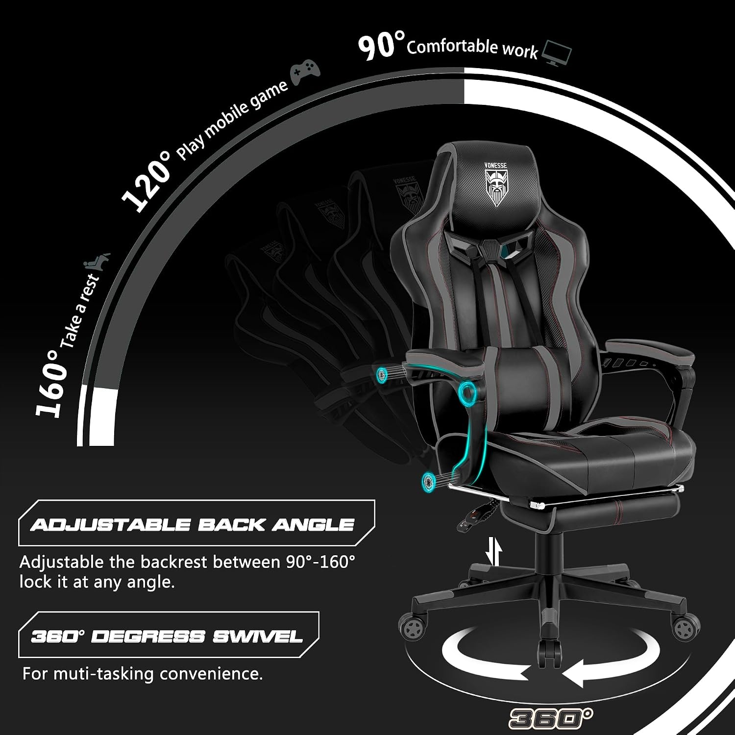 Vonesse Gaming Chair for Adults, Reclining Gaming Chairs with Footrest and Massage, Computer Gaming Chair for Heavy People,Ergonomic Gamer Chair Big and Tall (Black/Gray)
