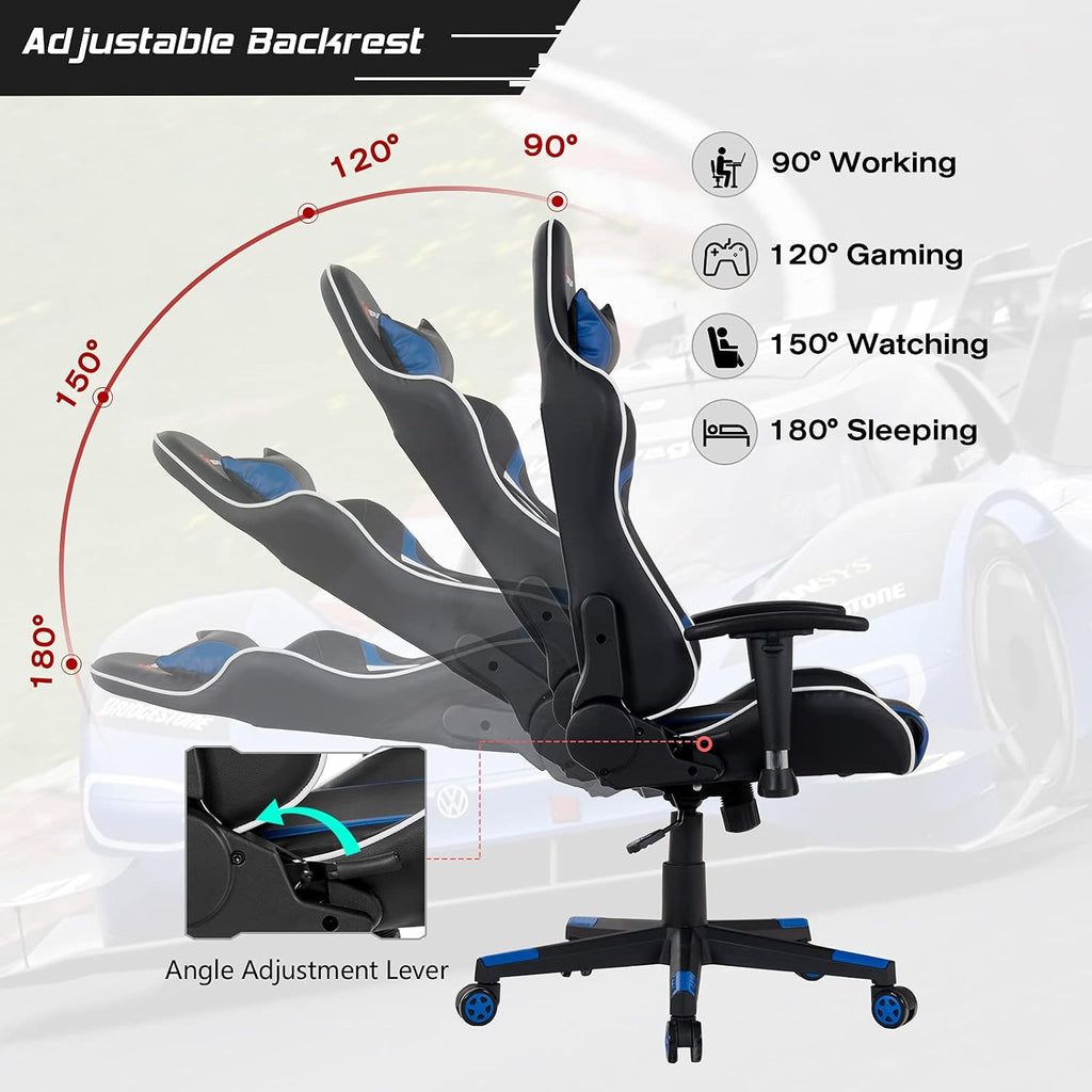 GYMAX Gaming Chair, Massage Gaming Chairs for Adults with Headrest, Lumbar Support & Armrest, Video Computer Reclining Gaming Chair, Office Desk Gamer Task Chair (Blue with Black X-Shape Desk)