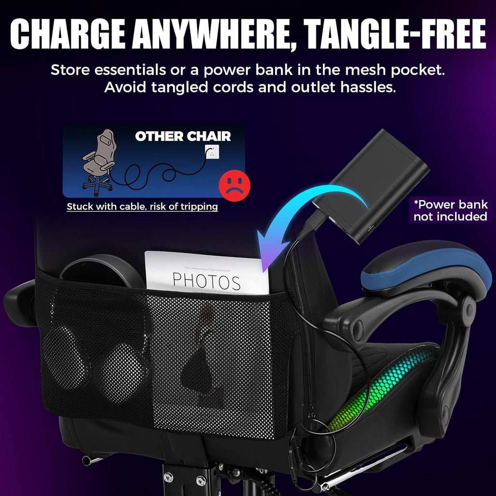 GTPLAYER RGB Gaming Chair with Speakers - LED Computer Game Chair for Adults, PC Home Office Chairs with Footrest & Lights, Reclining Desk Chairs, Blue