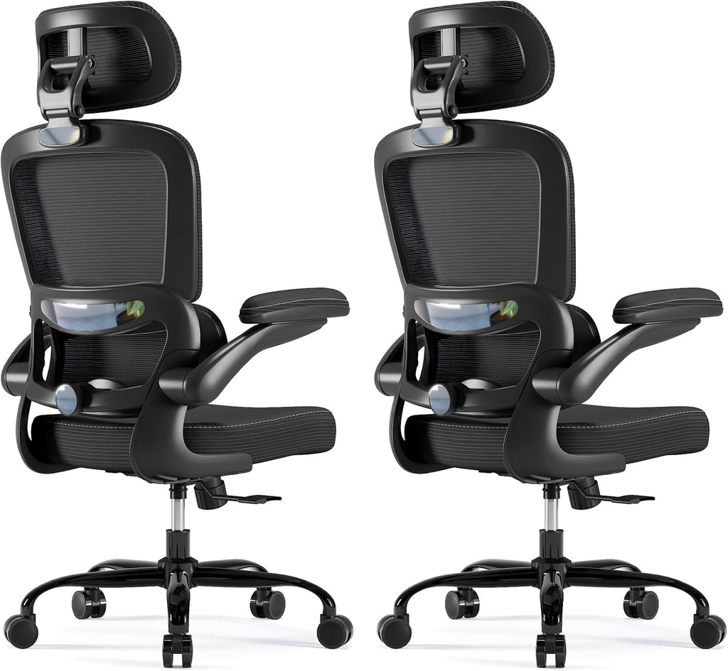 TRALT Ergonomic Office Chair - Desk Chair with Adjustable Headrest Lumbar Support Computer Chair - Mesh Comfy Chair with Flip-up Armrests - Gaming Chair for Adults Home Office PU, Black, Pack of 2
