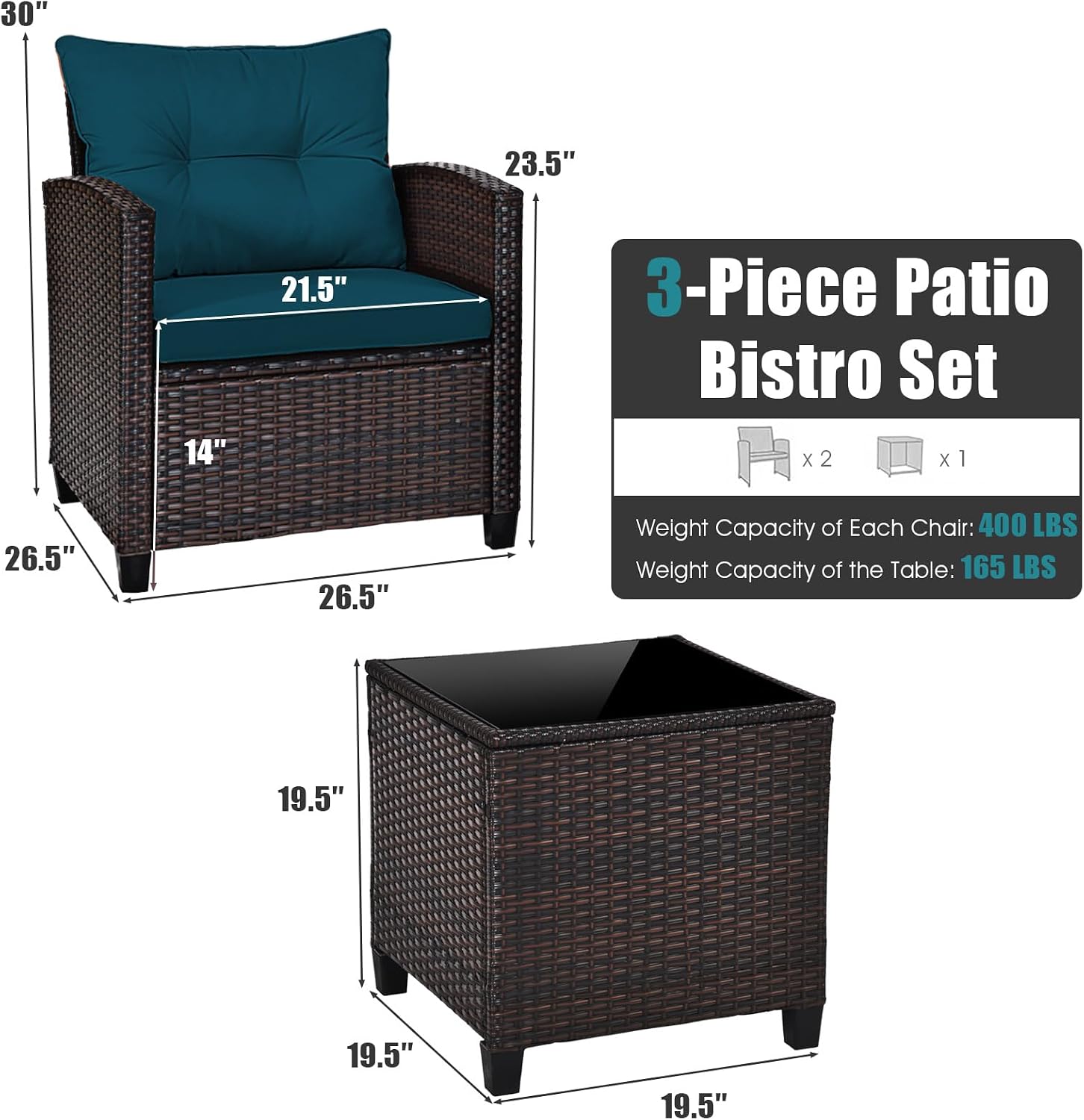 COSTWAY 3PCS Patio Furniture Set, PE Rattan Wicker Sofa w/Washable Cushion and Coffee Table, Tempered Glass Tabletop, Outdoor Conversation Set for Balcony, Porch, Yard, Backyard, Lawn (Blue)