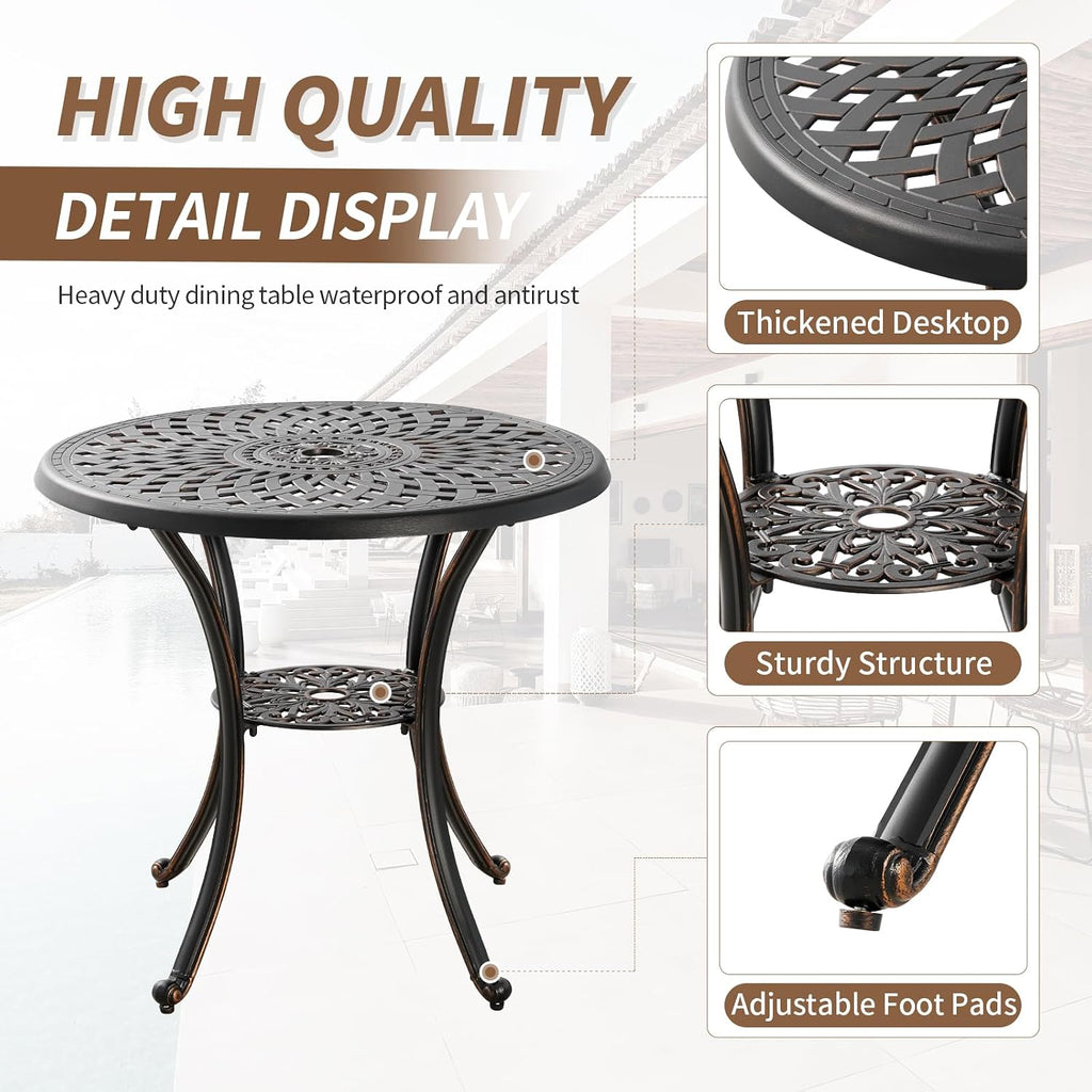 Cast Aluminum Patio Dining Set, Outdoor Bistro Set, 31.5' Round Outdoor Dining Table with Umbrella Hole, 2 Bistro Chairs for Yard Porch Garden Balcony