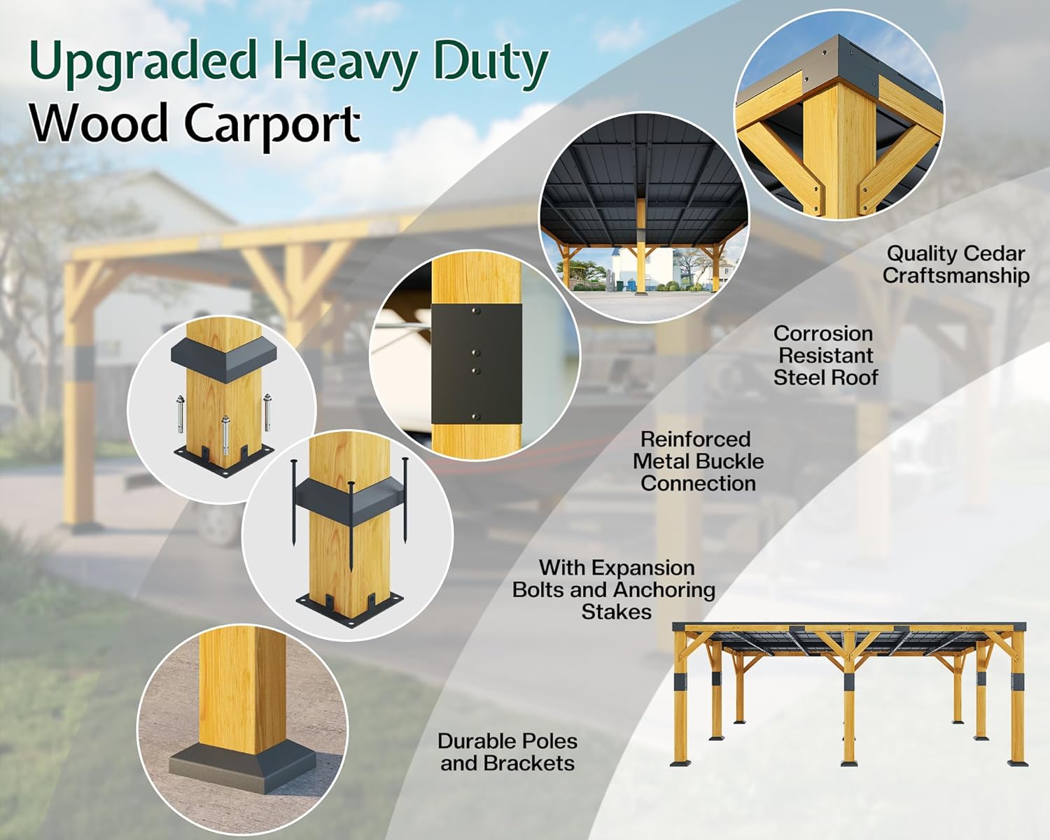 Jocisland 20x20x9.2 FT Cedar Wood Carport for 2 Cars, Heavy Duty Canopy Carport with Sloped Galvanized Steel Roof for All Weather, Permanent Shelter for Full-Sized Pickup Truck, Boat & Tractor