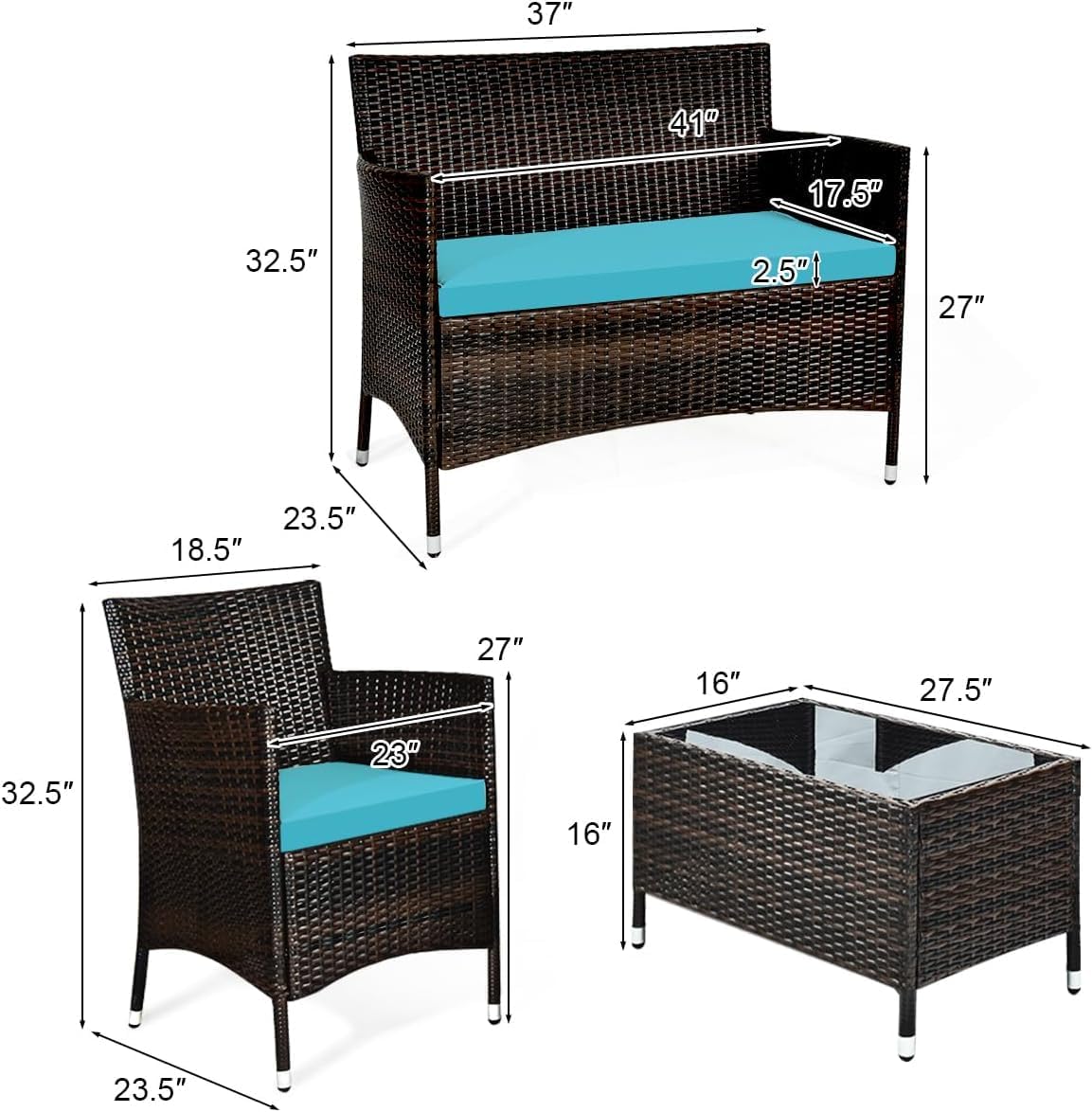 COSTWAY Outdoor Rattan Patio Furniture Set 4 Pieces, Wicker Rattan Cushioned Conversation Conversation Chairs with Coffee Table for Backyard Balcony Porch Poolside, Turquoise