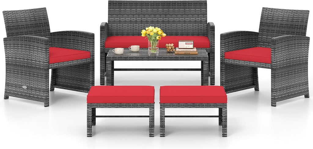 Tangkula 6 Pieces Patio Furniture Set, Outdoor Rattan Conversation Chairs Set with 1 Loveseat, 1 Coffee Table, 2 Armchairs and 2 Ottomans for Garden, Deck, Backyard and Poolside (Red)