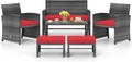 Tangkula 6 Pieces Patio Furniture Set, Outdoor Rattan Conversation Chairs Set with 1 Loveseat, 1 Coffee Table, 2 Armchairs and 2 Ottomans for Garden, Deck, Backyard and Poolside (Red)