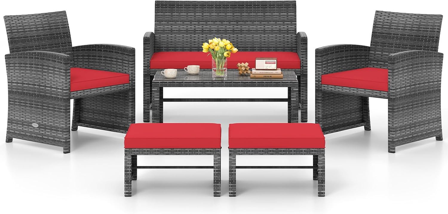 Tangkula 6 Pieces Patio Furniture Set, Outdoor Rattan Conversation Chairs Set with 1 Loveseat, 1 Coffee Table, 2 Armchairs and 2 Ottomans for Garden, Deck, Backyard and Poolside (Red)