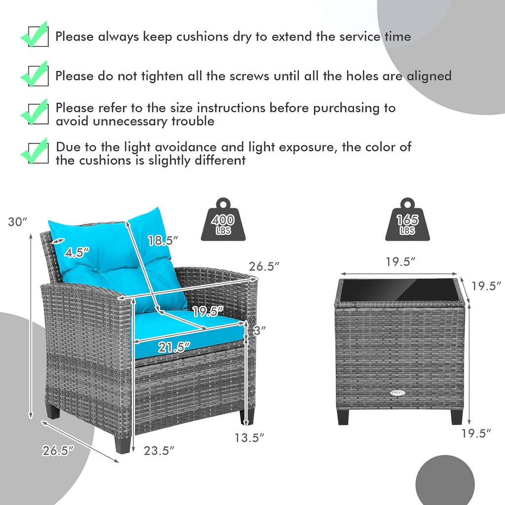 COSTWAY 3PCS Patio Furniture Set, PE Rattan Wicker Sofa w/Washable Cushion and Coffee Table, Tempered Glass Tabletop, Outdoor Conversation Set for Balcony, Porch, Yard, Backyard, Lawn, Turquoise