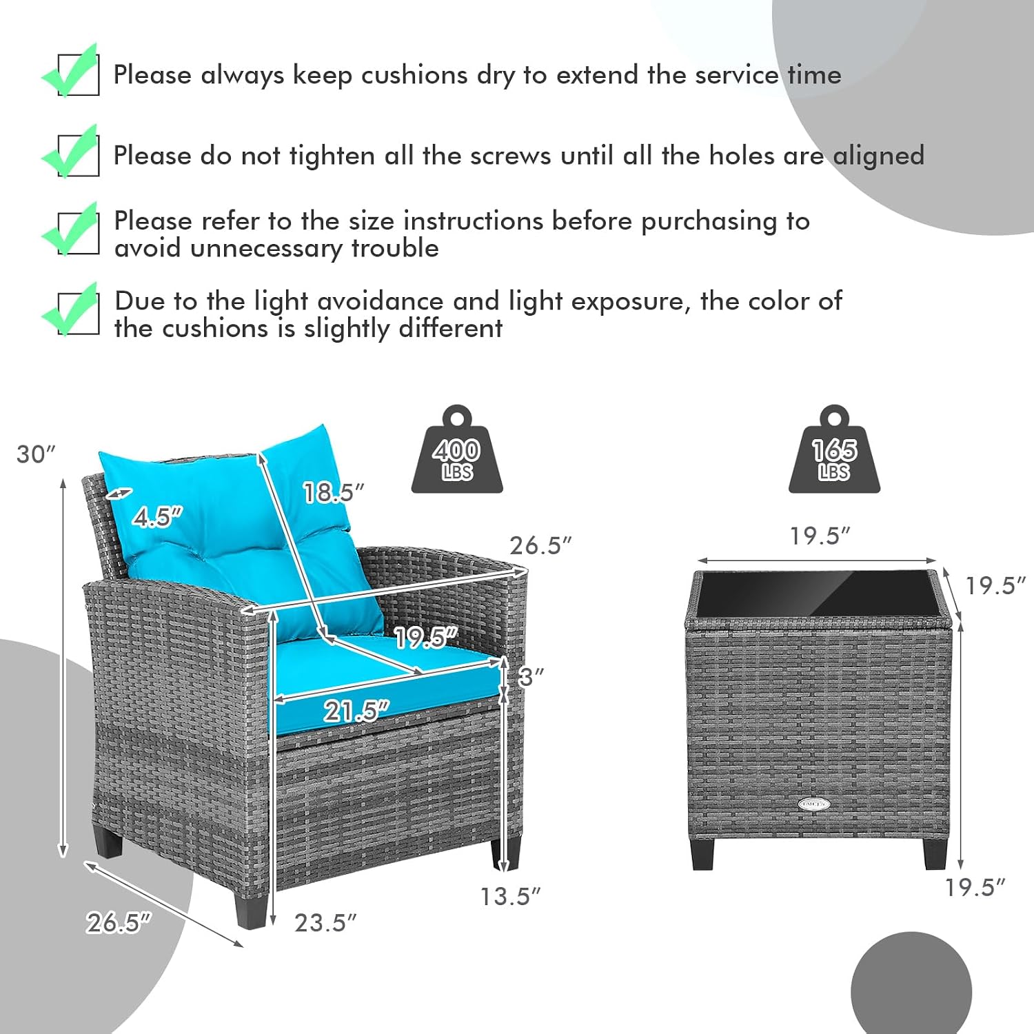COSTWAY 3PCS Patio Furniture Set, PE Rattan Wicker Sofa w/Washable Cushion and Coffee Table, Tempered Glass Tabletop, Outdoor Conversation Set for Balcony, Porch, Yard, Backyard, Lawn, Turquoise