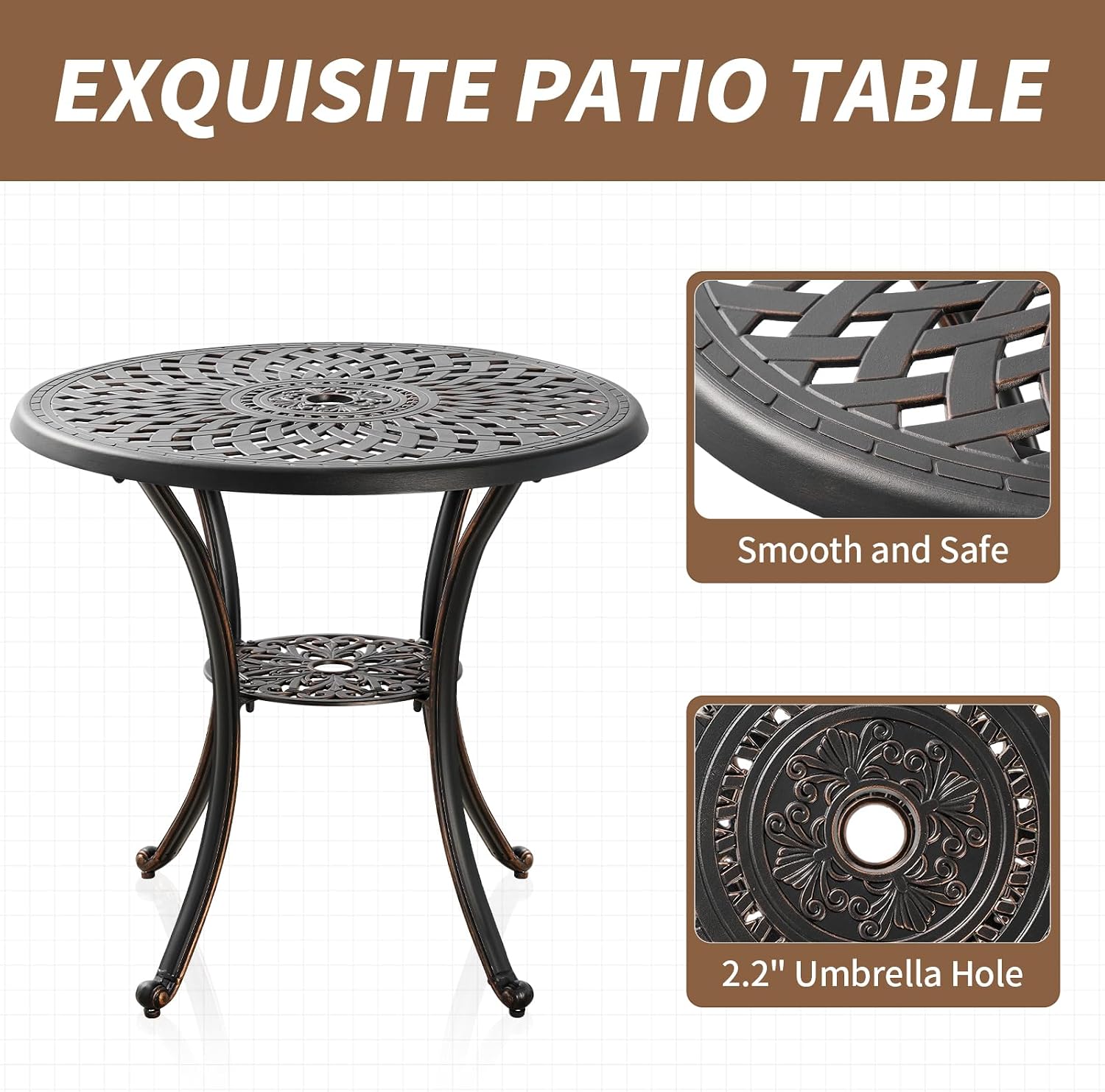 Cast Aluminum Patio Dining Set, Outdoor Bistro Set, 31.5' Round Outdoor Dining Table with Umbrella Hole, 2 Bistro Chairs for Yard Porch Garden Balcony