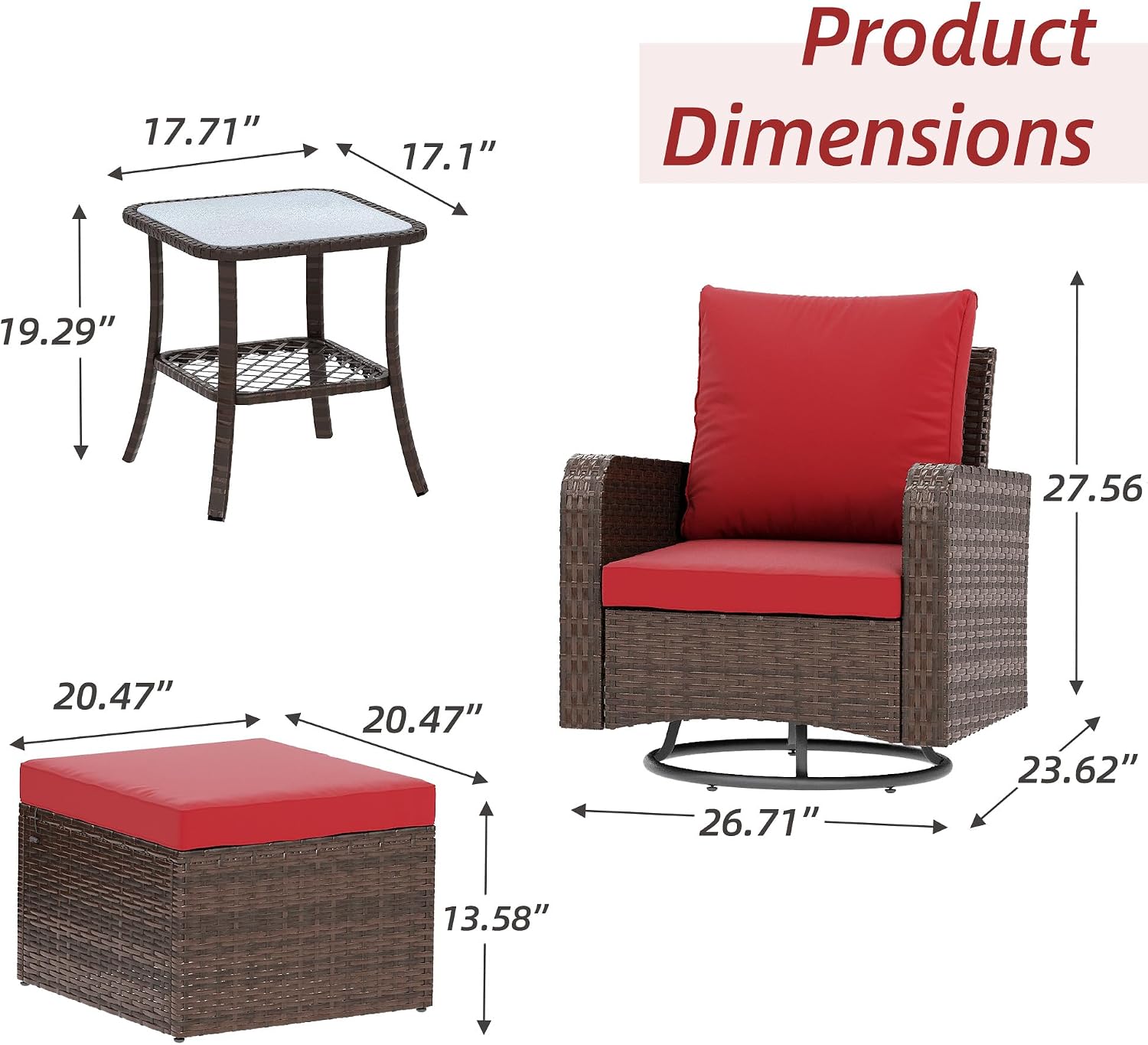 HOMREST 5 Piece Outdoor Patio Furniture Set-Wicker Swivel Chairs Set of 2 w/ 2 Ottoman, Coffee Table & Cushions Small Patio Furniture Set for Garden, Balcony (Wine Red)