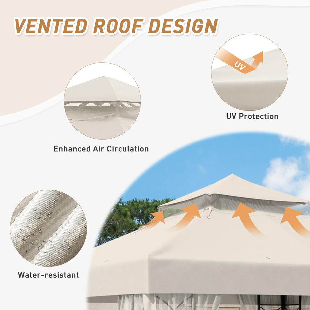 8x8 Outdoor Gazebo Tent with Netting and Corner Shelves, Double Roof Patio Gazebo with Soft Fabric Top, Outdoor Pavilion for Backyard Patio Garden Lawn, Beige