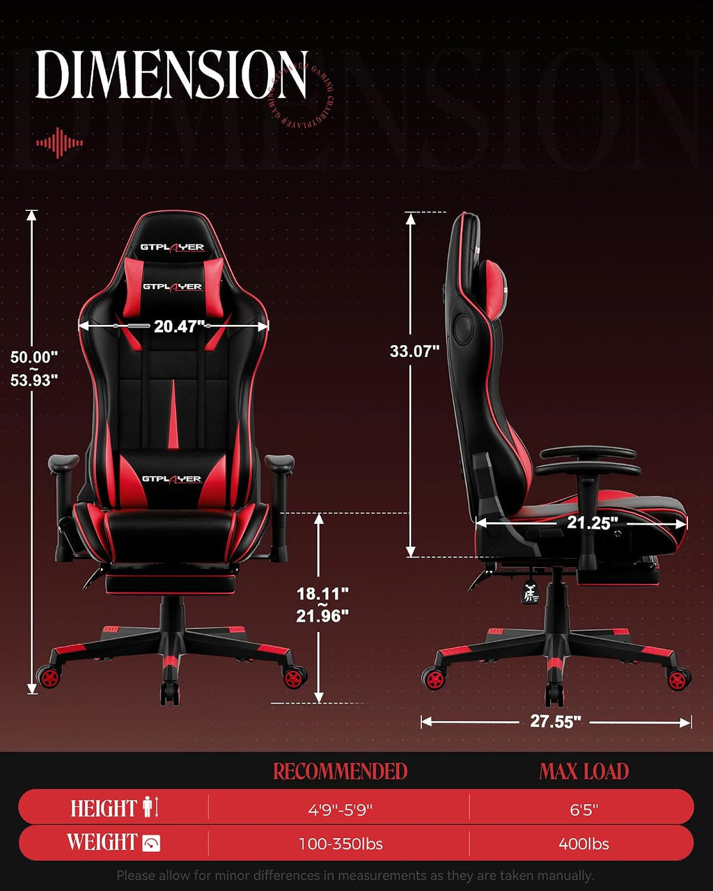GTPLAYER Gaming Chair with Speakers, Video Game Chairs with Footrest, PC Game Chairs for Adults - Padded High Back Ergonomic Reclining Silla, Linkage Armrest, 909MF, Black-Red
