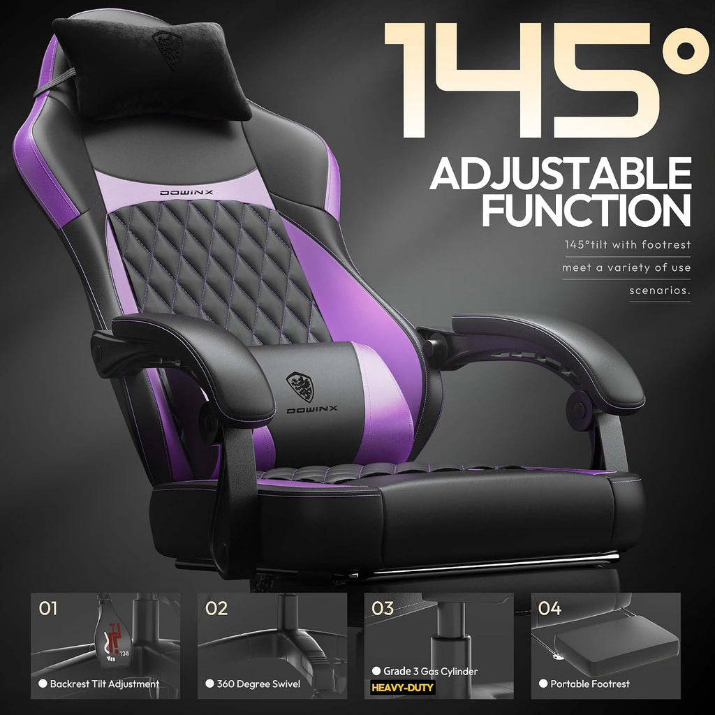 Dowinx Gaming Chair with Pocket Spring Cushion, Ergonomic Computer Chair with Massage Lumbar and Footrest for Adults, High Back Game Chair Leather for Office Gaming 300LBS, Purple New