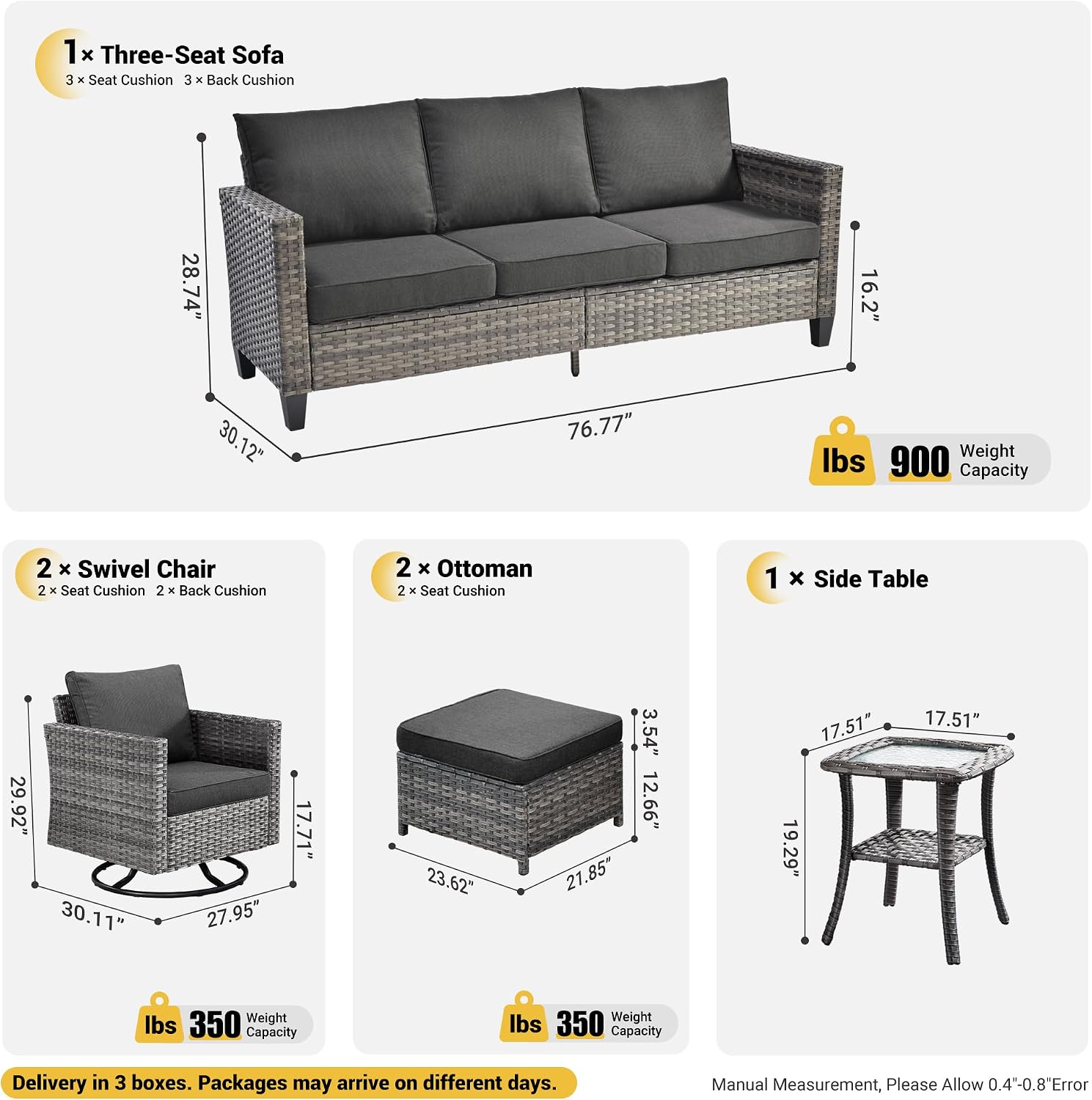 ovios 6 Pieces Patio Furniture Set, Outdoor Wicker Sofa Couch with Swivel Chairs, Rocking Glider Rocker with Comfy Cushions All Weather Rattan Conversation Set, Black