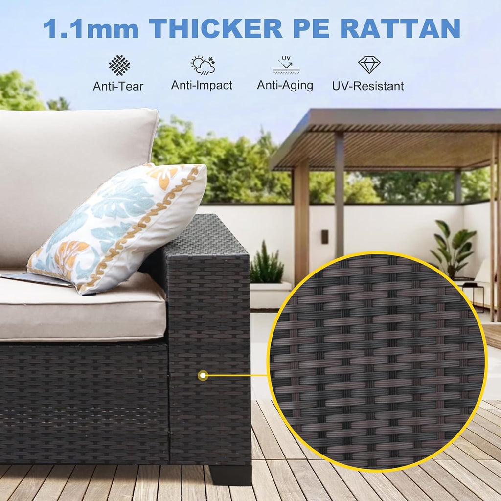 Patio Furniture Set, 6 Pieces Outdoor Couch Sofa with Wider Armrests & Glass Coffee Table, Outdoor Sectional Furniture with Thick Cushions for Party, Poolside,Garden-Beige