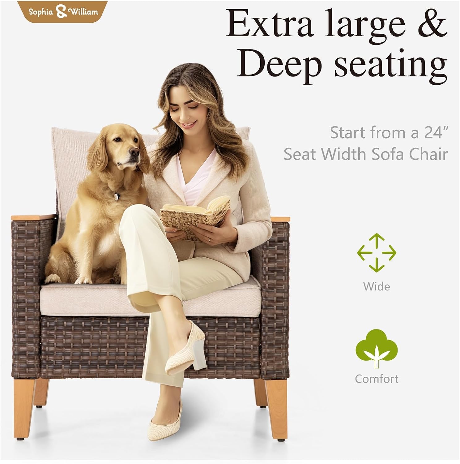 Sophia & William Outdoor Patio Sectional Sofa Set 2 Seats High Back Single Wicker Patio Furniture Chairs All-Weather Patio Conversation Set Outdoor Couch with 4' Thick Cushions, Beige