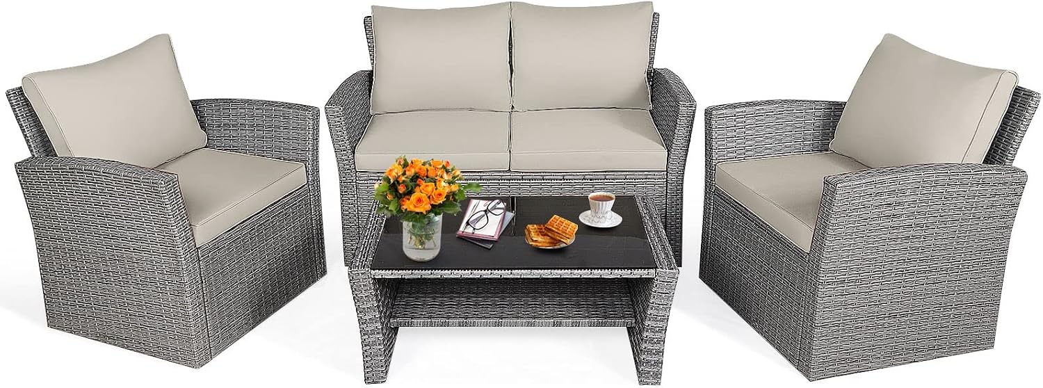 Tangkula 4 Pieces Patio Furniture Set, All Weather Outdoor Sectional Rattan Sofa Set with Cushions & Tempered Glass Table, Wicker Conversation Couch Set for Backyard Garden Poolside