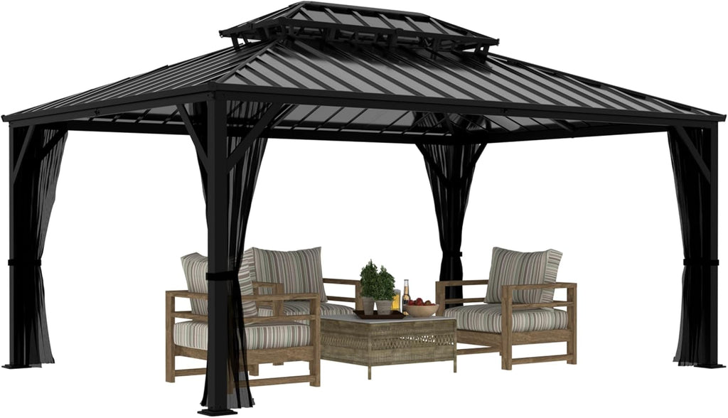 Yardenaler 10x14 FT Hardtop Gazebo Canopy with Double Galvanized Steel Roof, Permanent Outdoor Pavilion with Mesh Netting for Patio, Backyard, Garden, Black