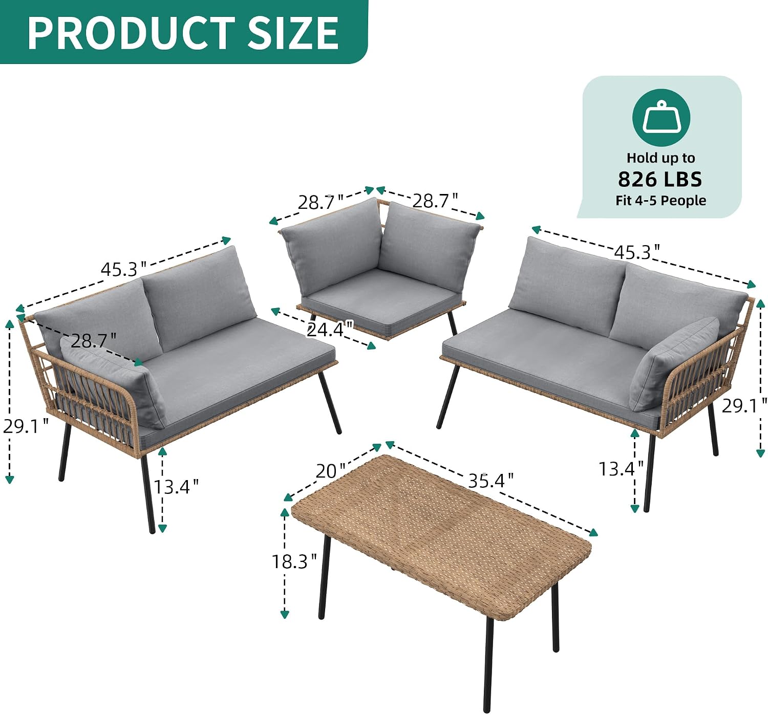 YITAHOME 4 Pieces Sectional Sofa Couch, L-Shaped Sofa with 5 Seater for Living Room, Detachable Lounger with Thickness Cushions and Side Table - Grey