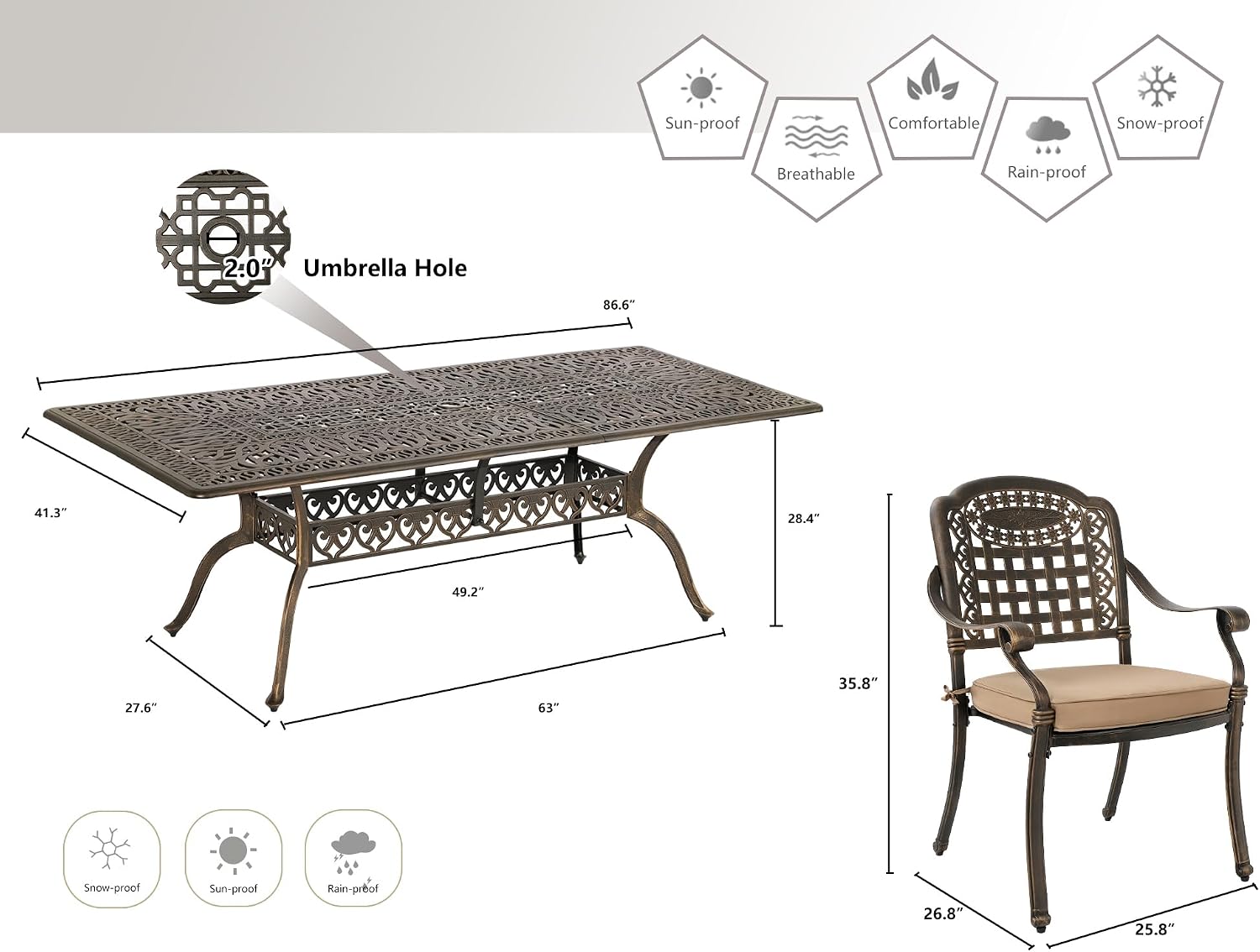 Grepatio 9 Piece Cast Aluminum Patio Furniture Set Outdoor Dining Set Bistro Furniture Set with 8 Armchairs and Dining Table, 8 Cushions for Backyard Garden Poolside (Grid Khaki)