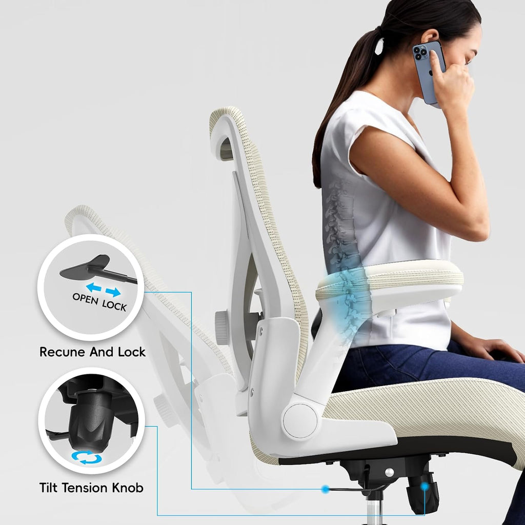 Ergalithic Office Home Ergonomic Desk Chair-Computer X-Shaped Chair Mesh PU Leather with Adjustable Lumbar Support-Executive Chair High Back Flip-Up Arms for Long Hours (Beige-No Headrest)