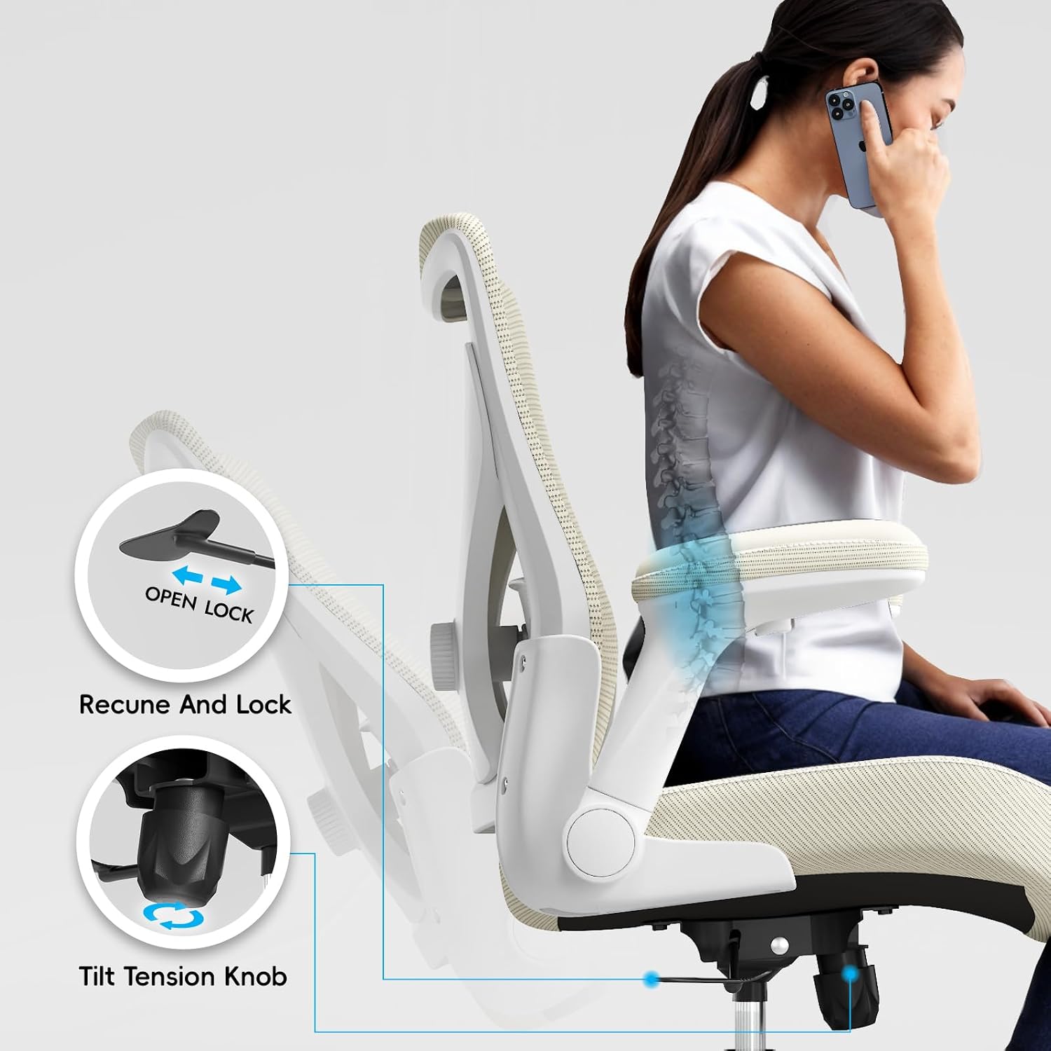 Ergalithic Office Home Ergonomic Desk Chair-Computer X-Shaped Chair Mesh PU Leather with Adjustable Lumbar Support-Executive Chair High Back Flip-Up Arms for Long Hours (Beige-No Headrest)